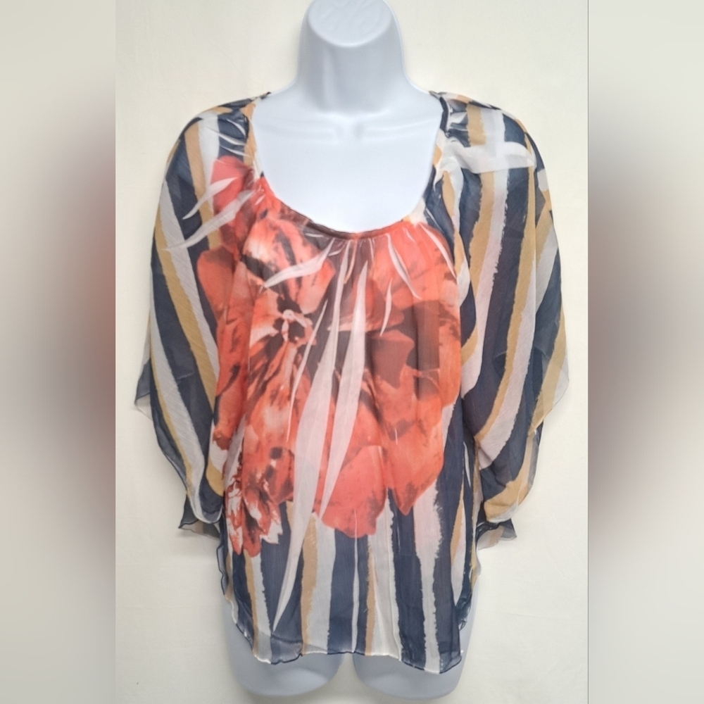 Apostrophe M Sheer Top Bat Sleeve Bold Floral